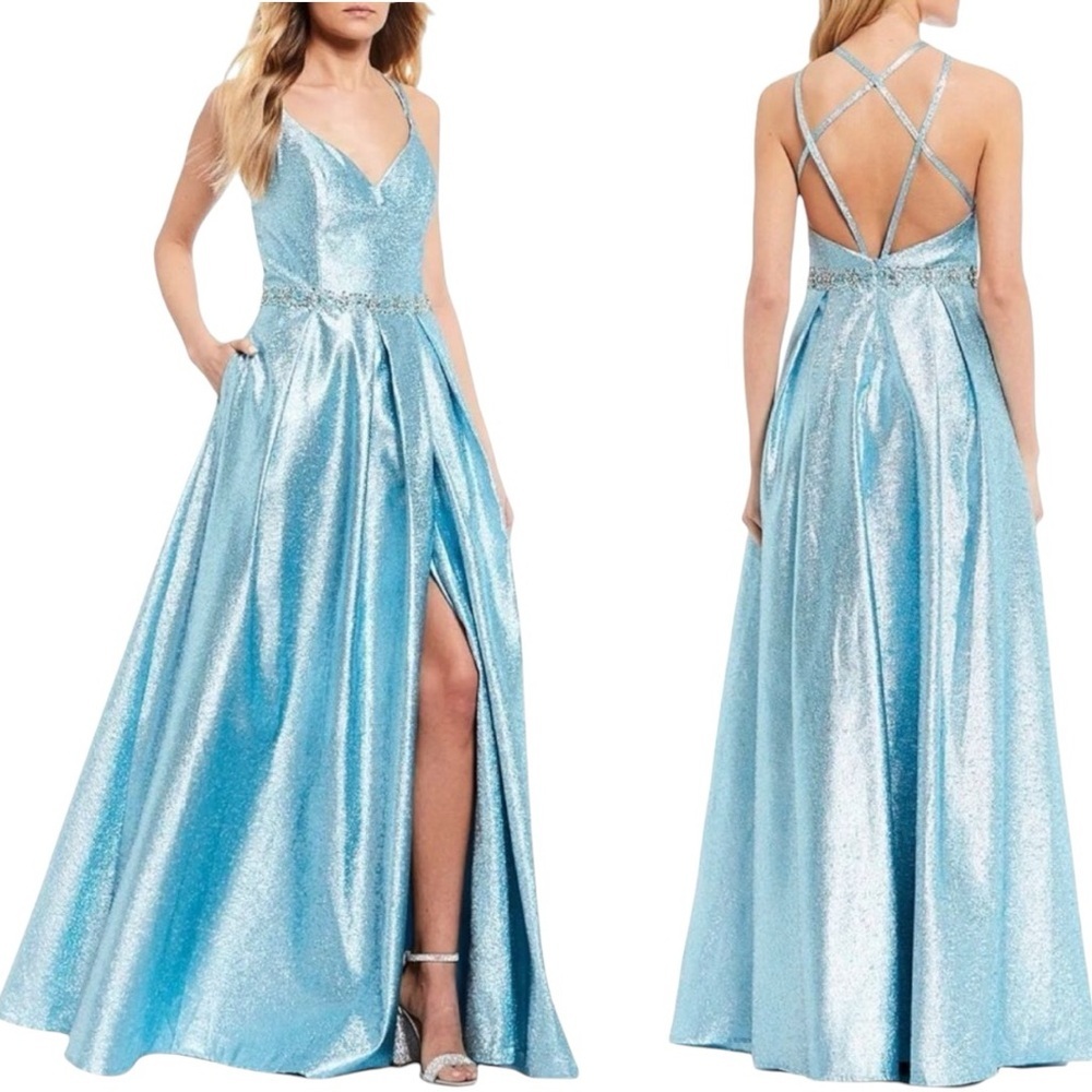 🟡 Strappy Back V Neck High Side Slit Beaded Waist Ball Gown